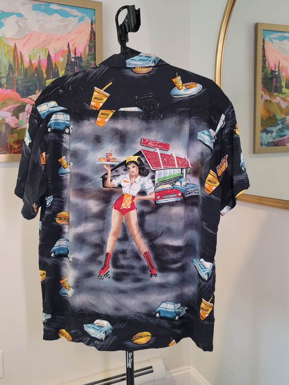 KENNINGTON Vintage Drive In Carhop Print Pin Up Girl Rayon Shirt Men's Size XL
